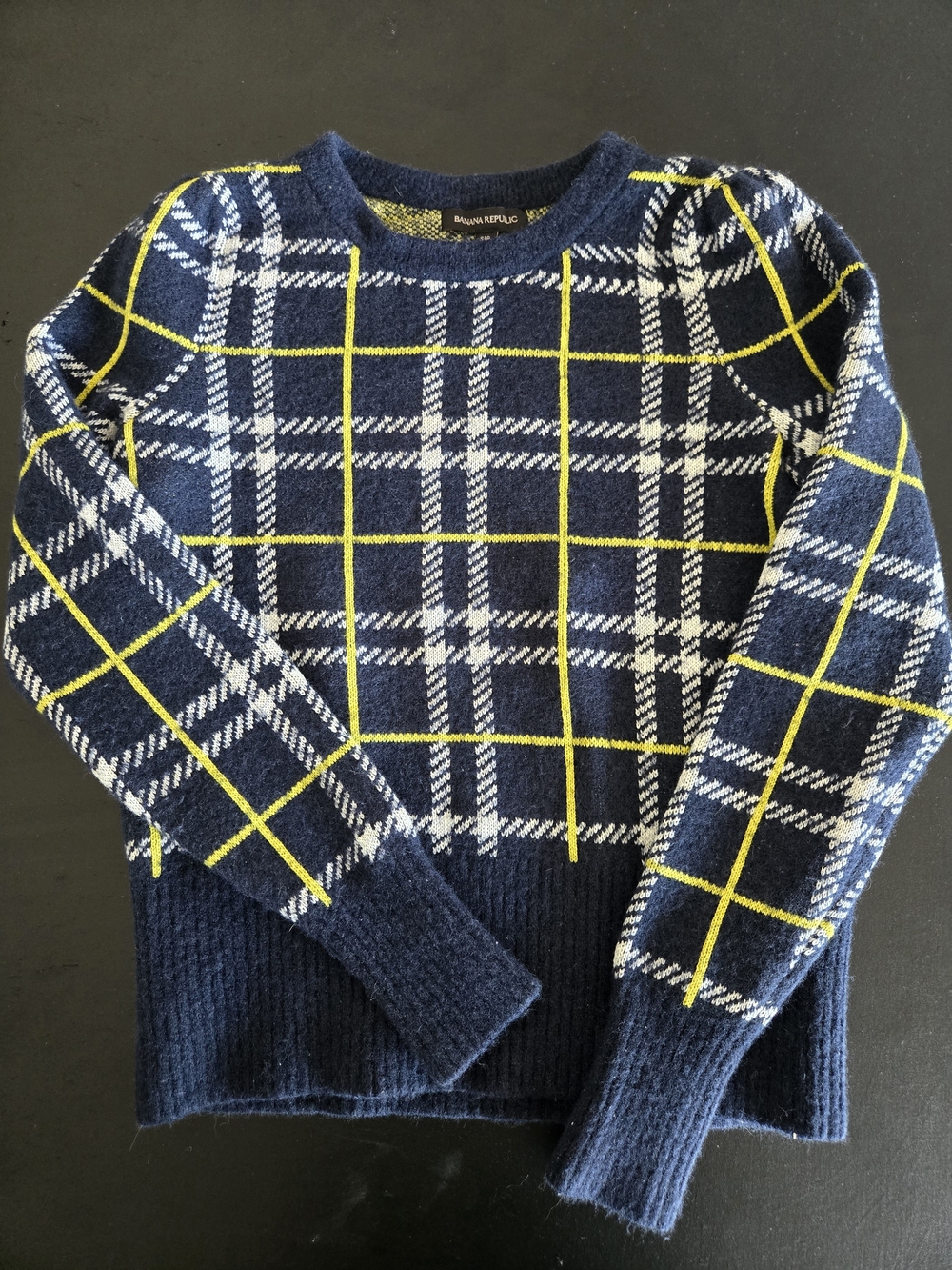 Banana Republic Navy Plaid Puff Sleeve Wool Blend Knit Sweater S